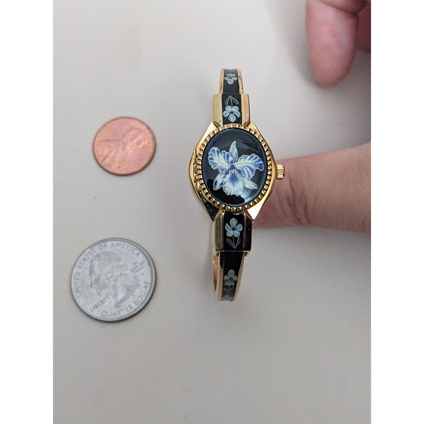 Vintage Andre Mouche Gold Tone Peekaboo Watch Blue and White Floral Enamel Black