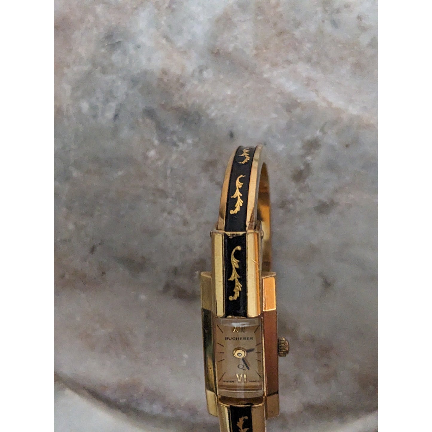 Vintage Andre Mouche Silver Tone Bangle Watch with Blue Floral Enamel Working