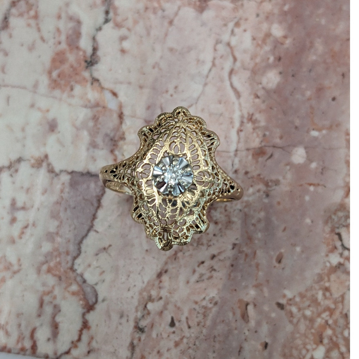FLAW Vintage 14k Yellow Gold Filigree Diamond Cocktail Ring Size 7.75