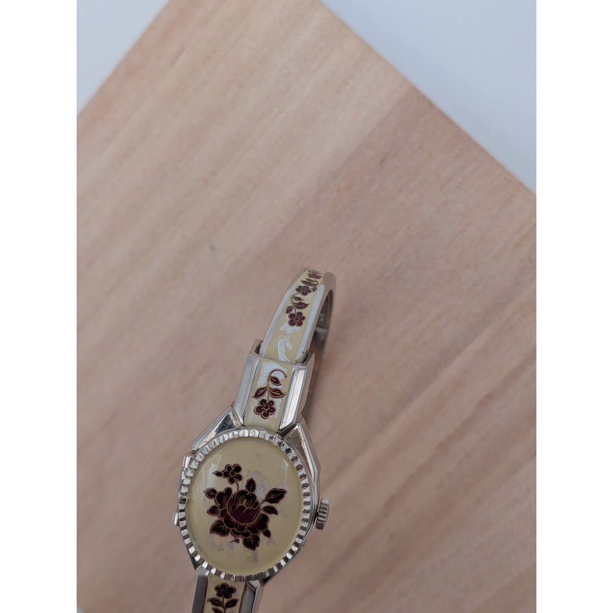 Vintage Andre Mouche Silver Tone Peekaboo Watch Cream Enamel Red Flowers w/ Box
