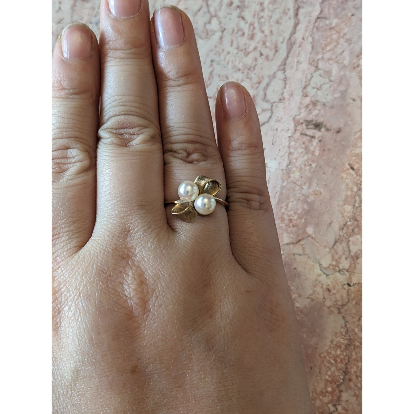 Vintage 10k Yellow Gold Two Faux Pearl Bow Ring Size 7