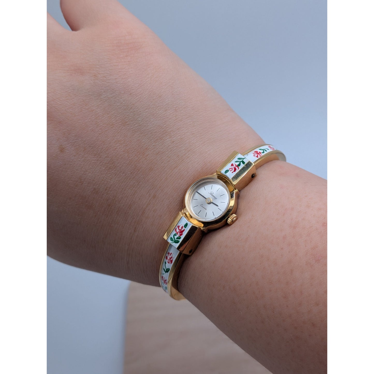Vintage Berney Gold Tone Watch White Enamel with Red Flowers