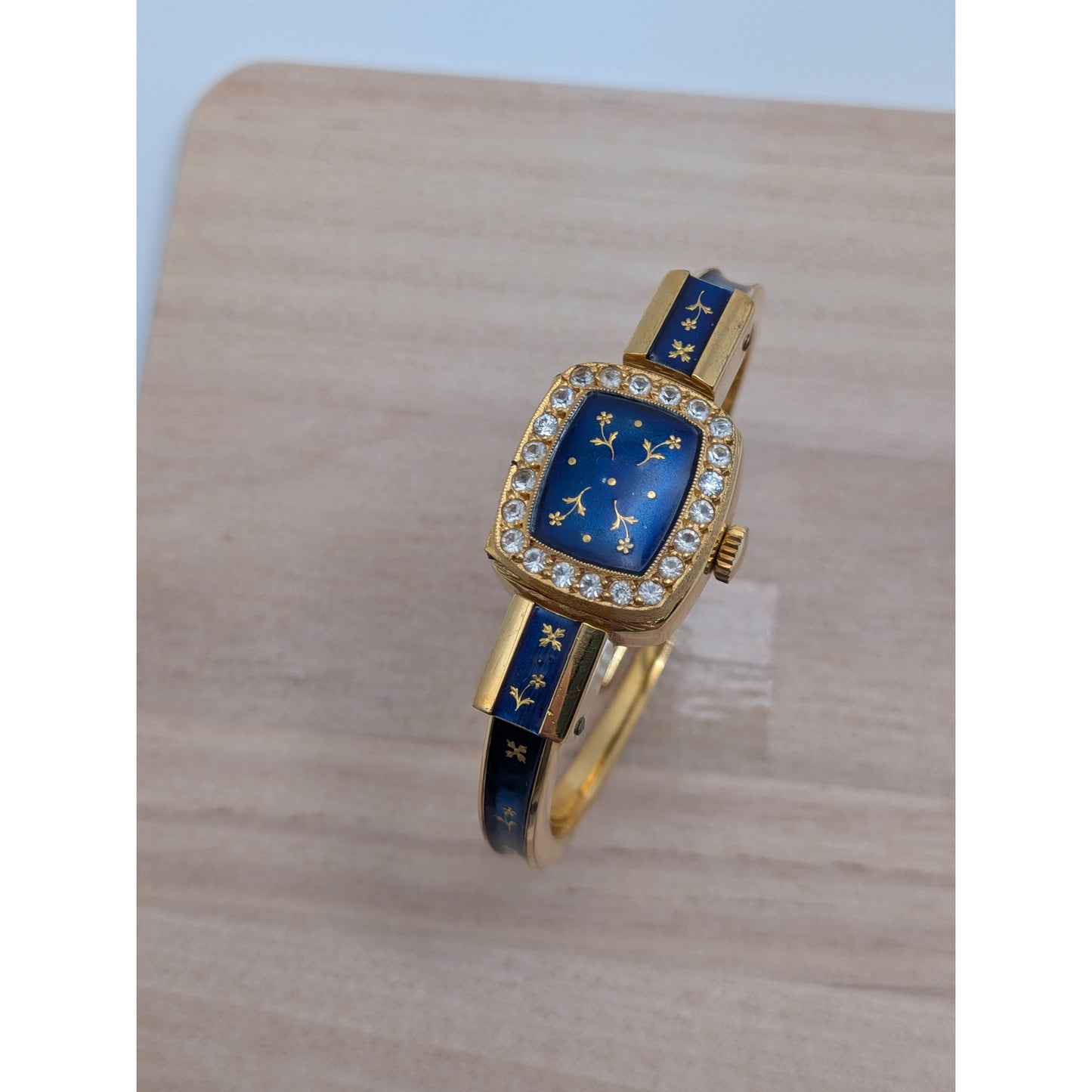 Vintage Chandler Gold Tone Peekaboo Manual Watch Blue Enamel Gold Flowers