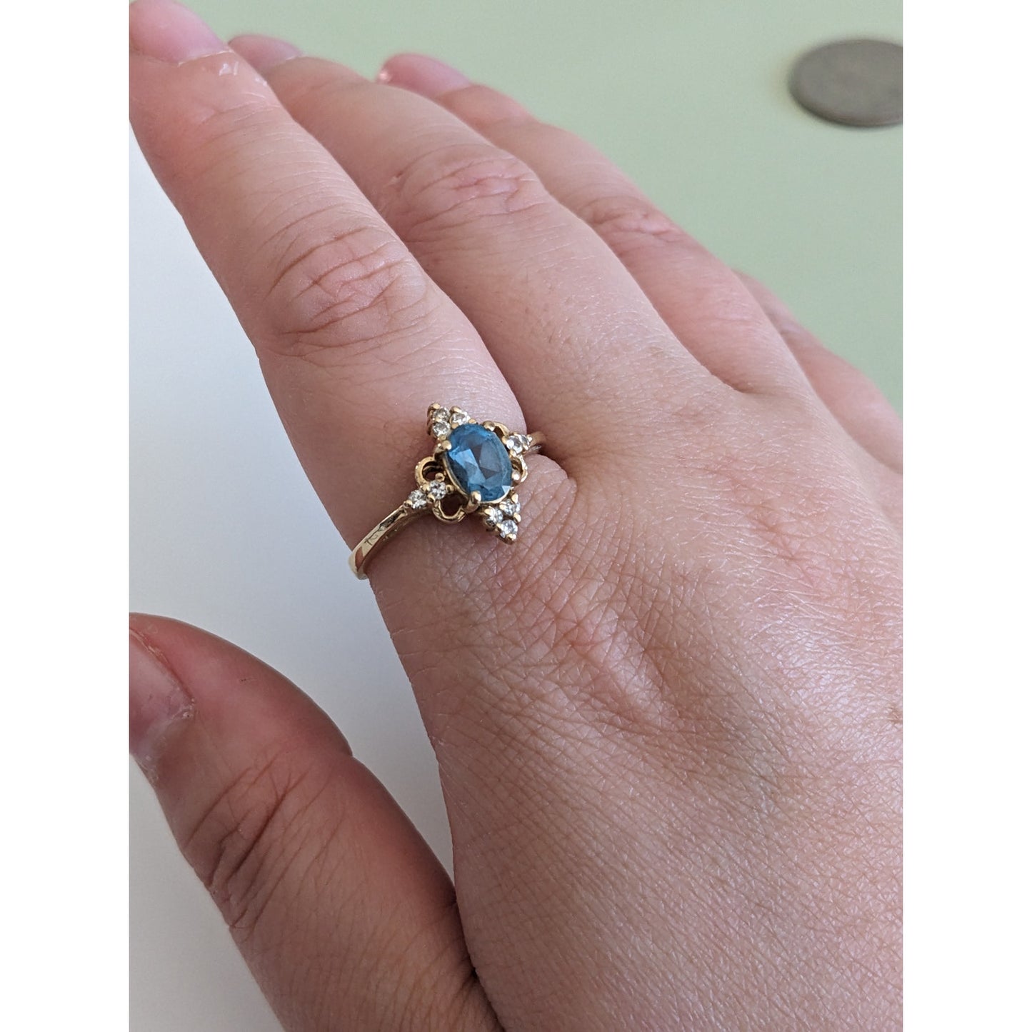 Vintage 14k Yellow Gold Ring with Blue Gem and Diamond Accents 7.75US