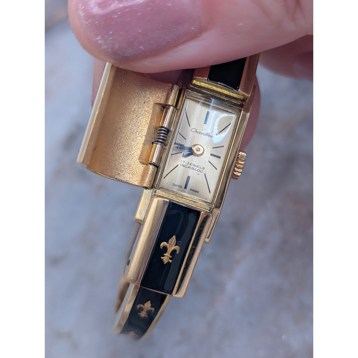 Vintage Chandler Gold Tone Peekaboo Watch Black Enamel Gold Fluer De Lis Accents