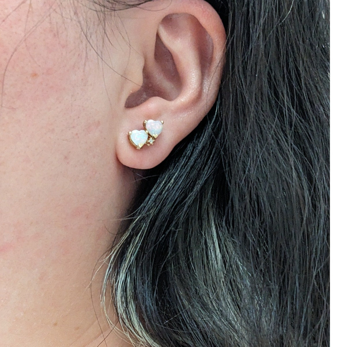 Vintage 14k Yellow Gold Double Opal Hears Stud Earrings