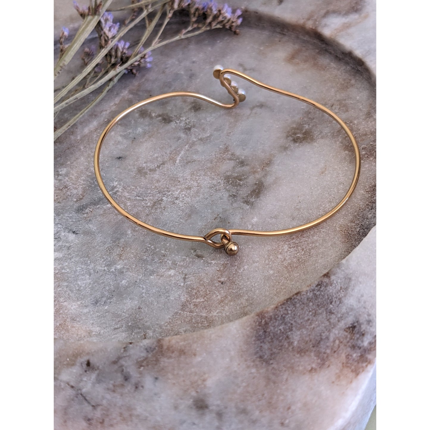 Vintage Unmarked 14k Yellow Gold Bangle Bracelet with Faux Pearls
