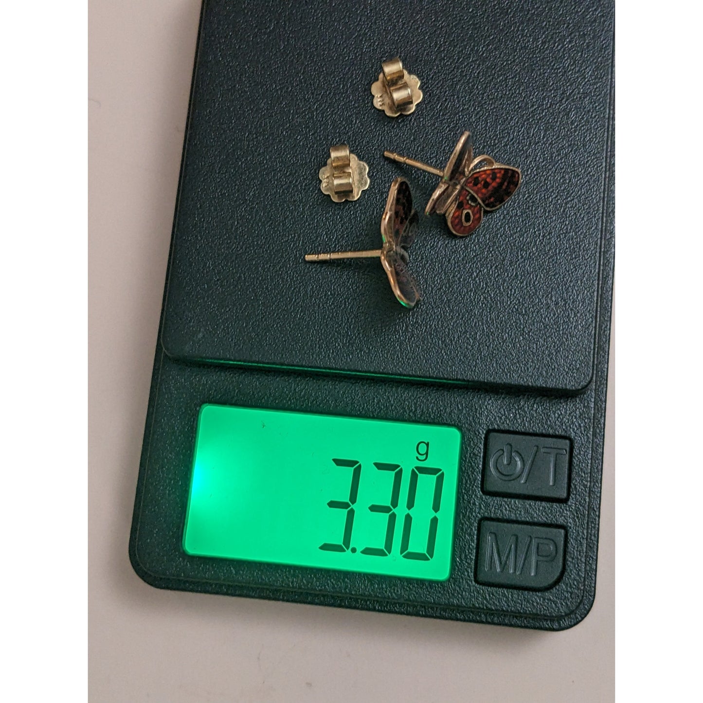 Vintage 14k Yellow Gold Butterfly Enamel Red and Black Stud Earrings