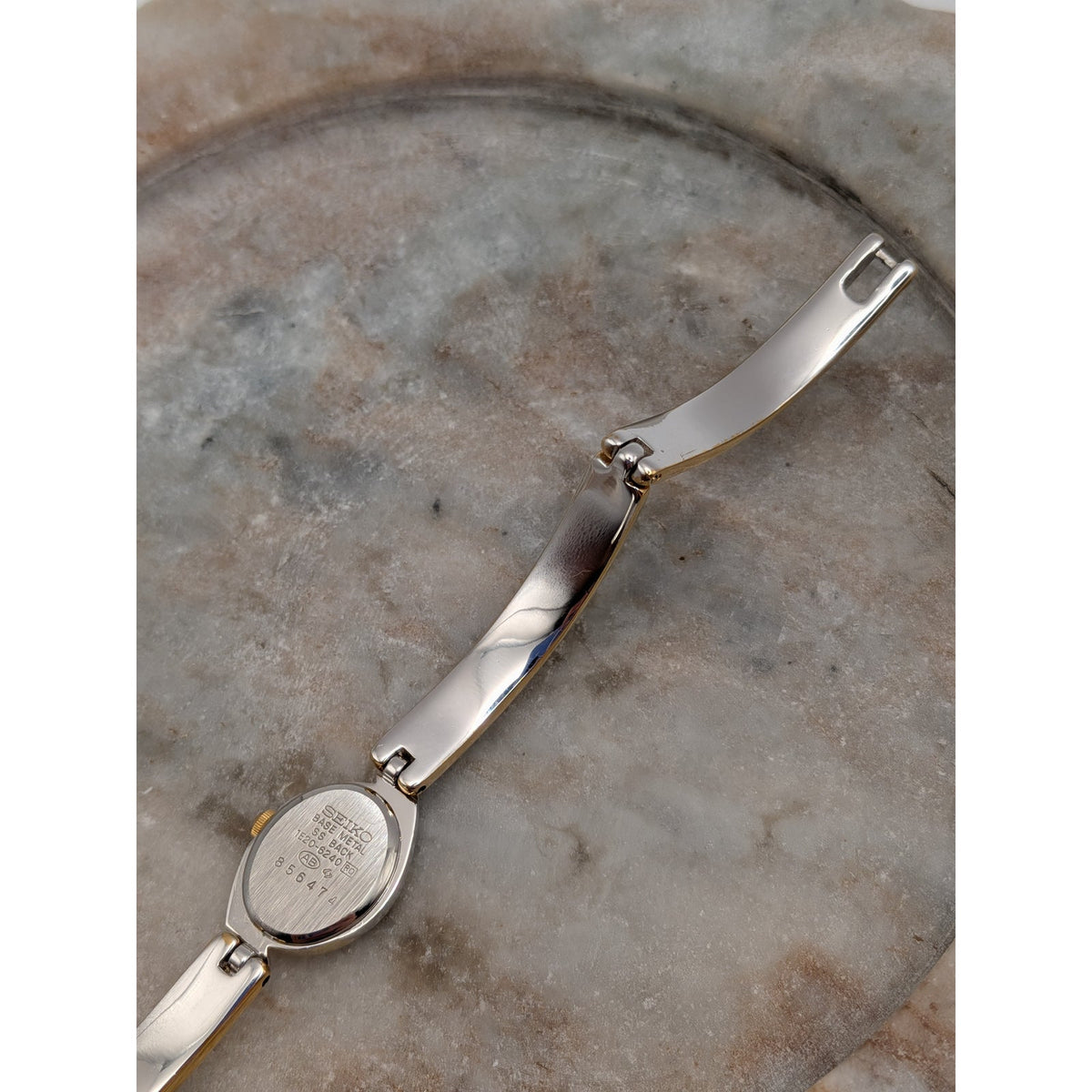 Vintage 1990s Seiko Two Tone Bangle Quartz Watch Dainty Dial Pink and Blue Stone
