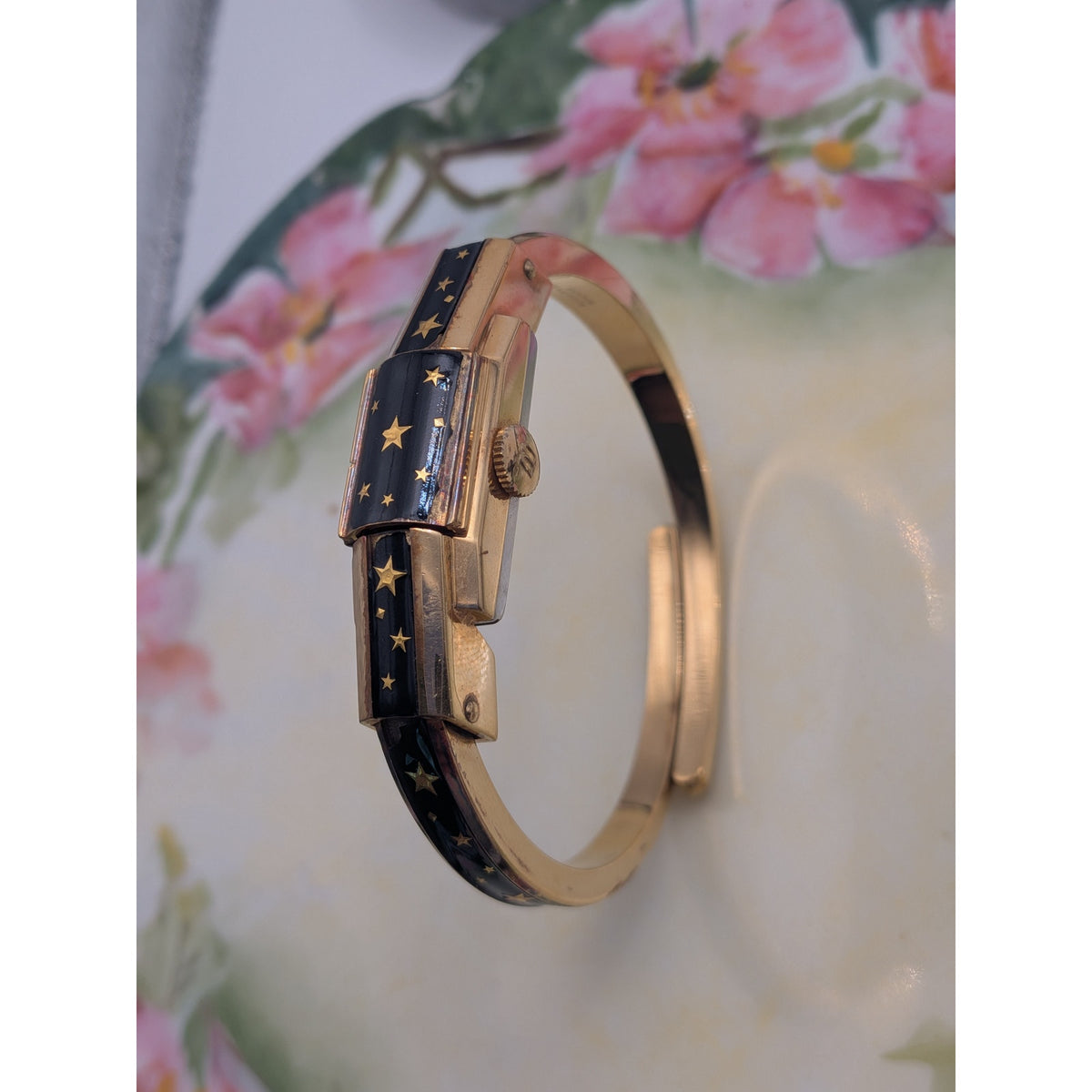 FLAW Vintage Bucherer Gold Peekaboo Watch Black Enamel Gold Stars POOR CONDITION