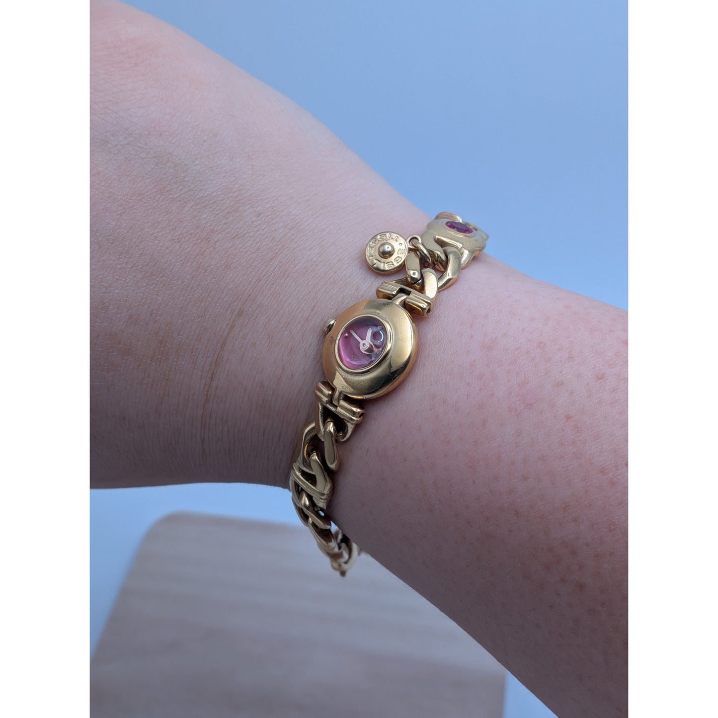 Vintage Seiko Tisse Gold Tone Cuban Link Watch with Pink Stones