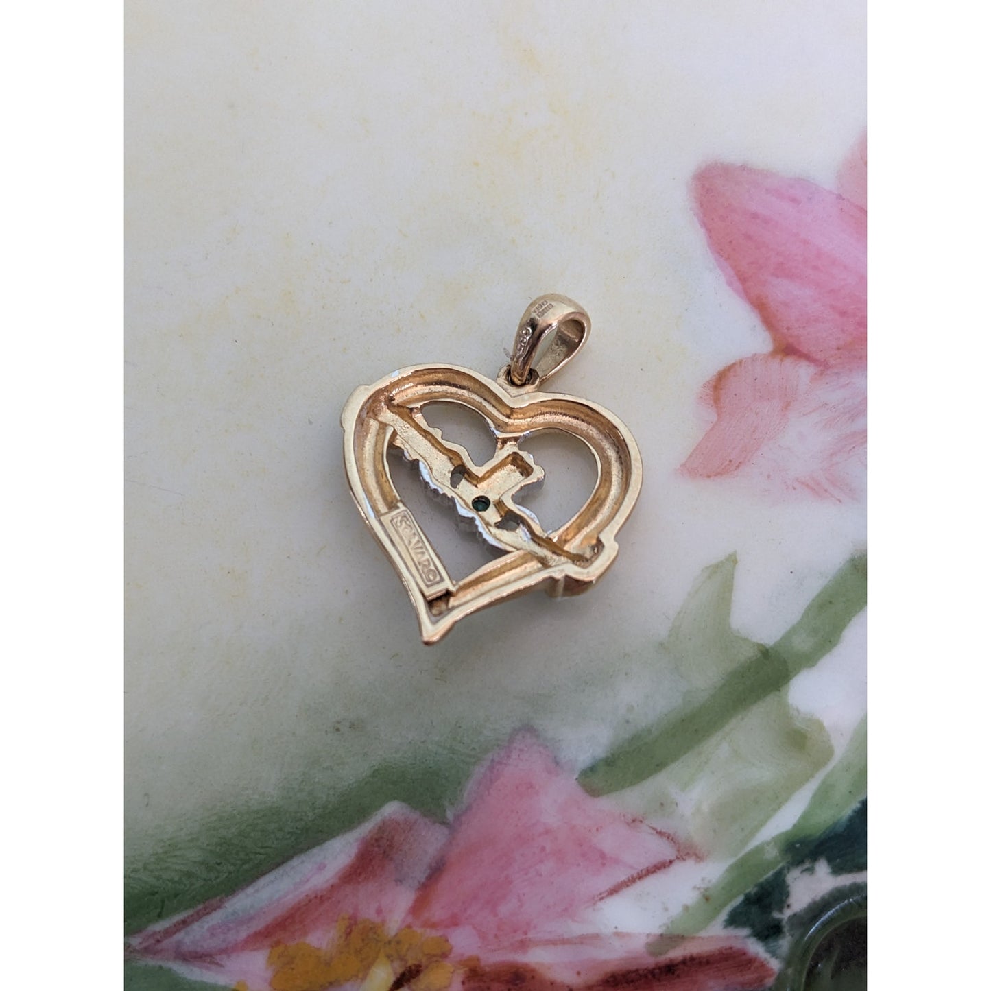 Vintage 14k Yellow and White Gold Claddagh Heart with Green Stone Pendant