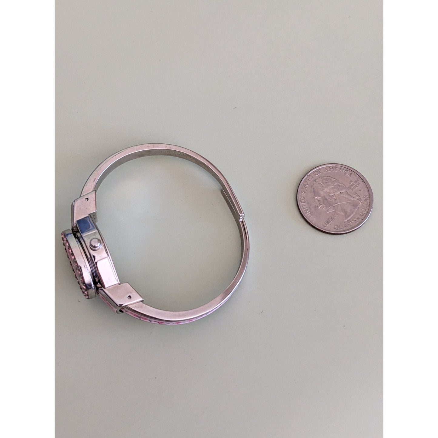 Vintage Andre Mouche Silver Tone Peek A Boo Bangle Watch, Pink Enamel Floral