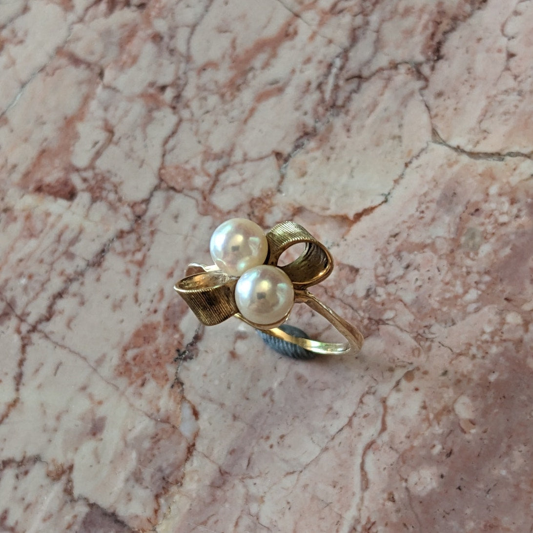 Vintage 10k Yellow Gold Two Faux Pearl Bow Ring Size 7