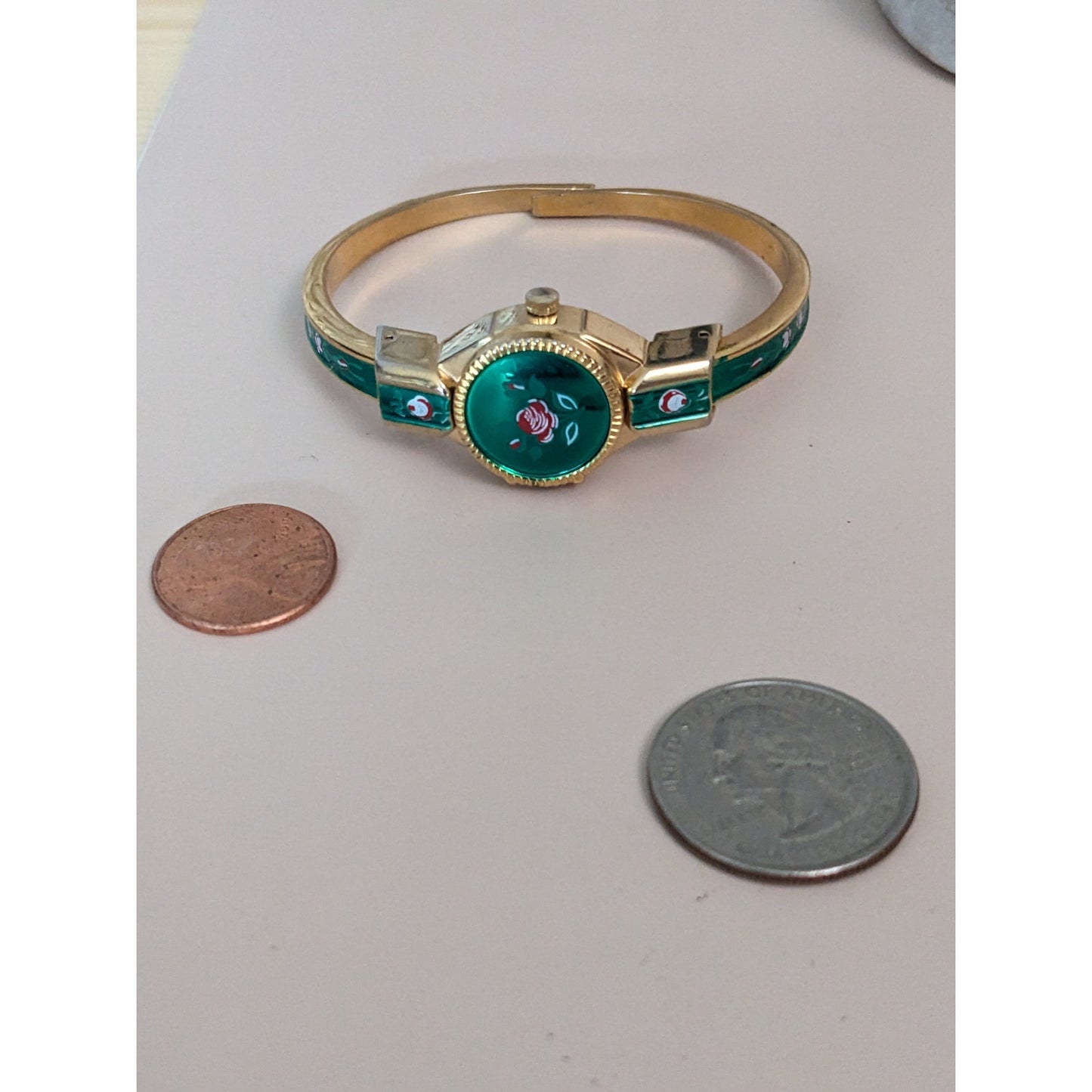 Vintage Andre Mouche Silver Tone Bangle Watch with Blue Floral Enamel Working