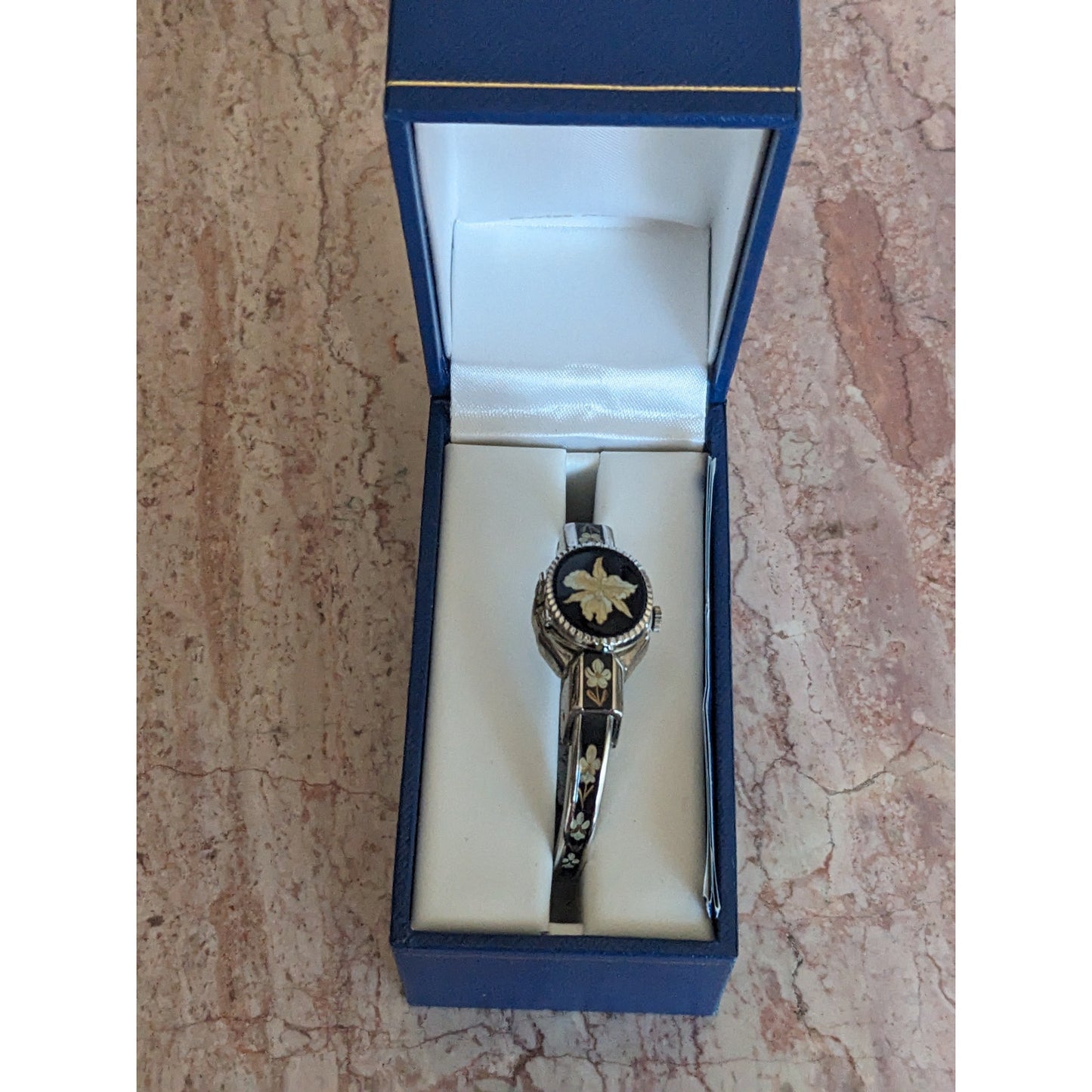 Vintage Andre Mouche Silver Tone Bangle Watch Black Enamel Cream Flowers