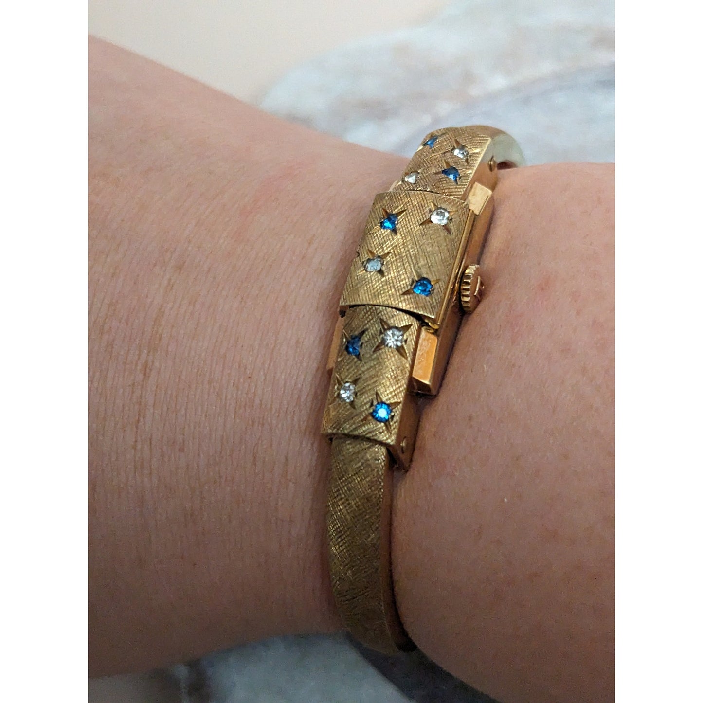 Vintage Andre Mouche Silver Tone Bangle Watch with Blue Floral Enamel Working