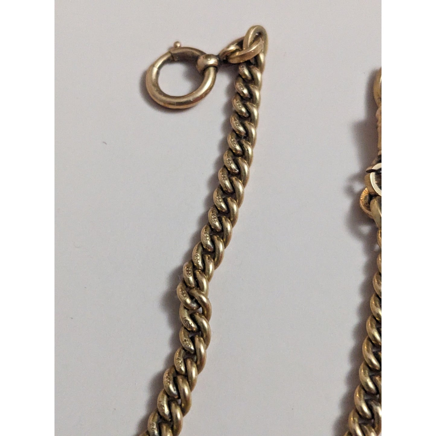 Vintage 18k Yellow Gold Watch Chain with White Gem Locket and T Bar