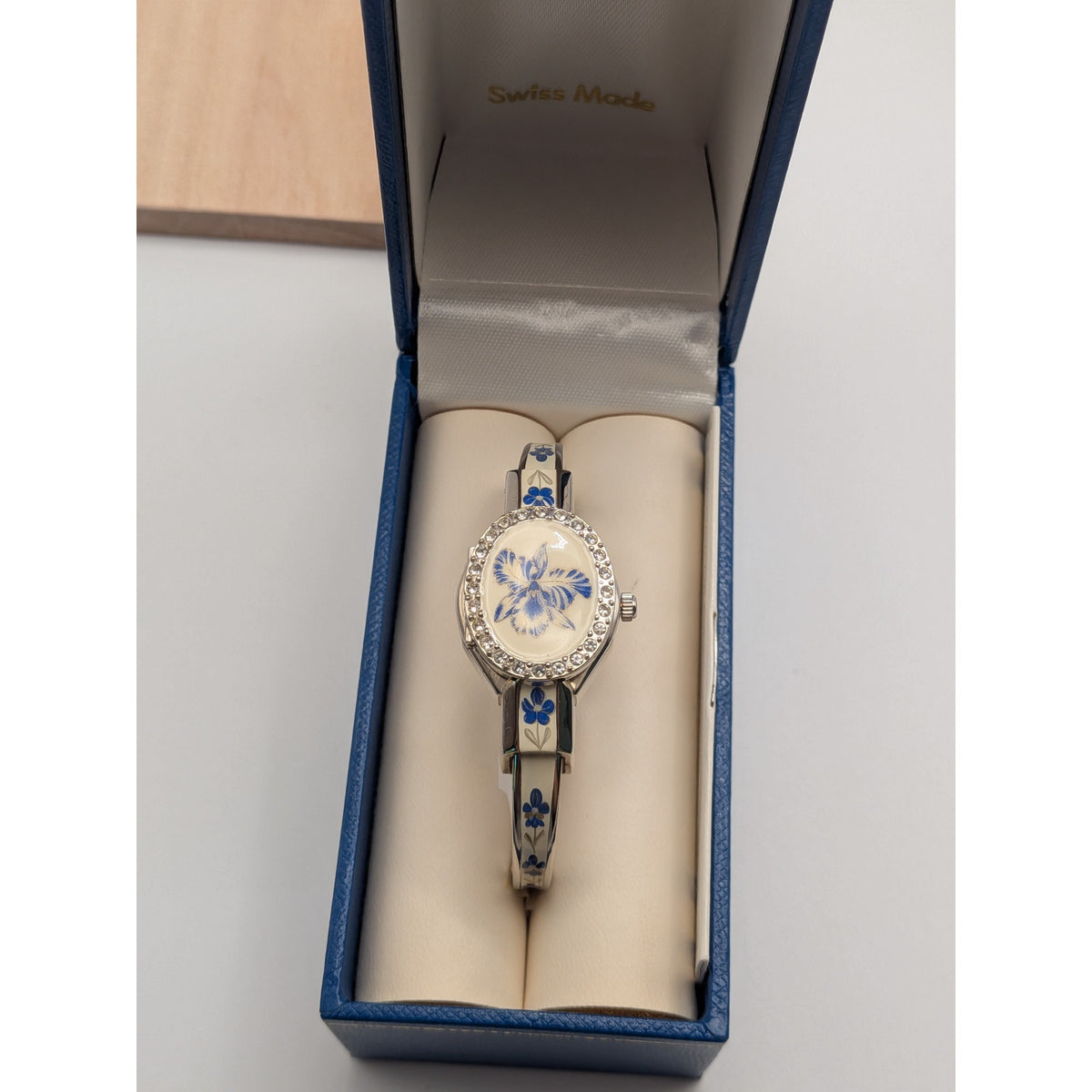 Vintage Andre Mouche Silver Tone Peekaboo Watch White Enamel Blue Flowers w/Box