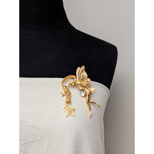 Vintage Kirks Folly Goldtone Fairy Angel Brooch Pin with Stars
