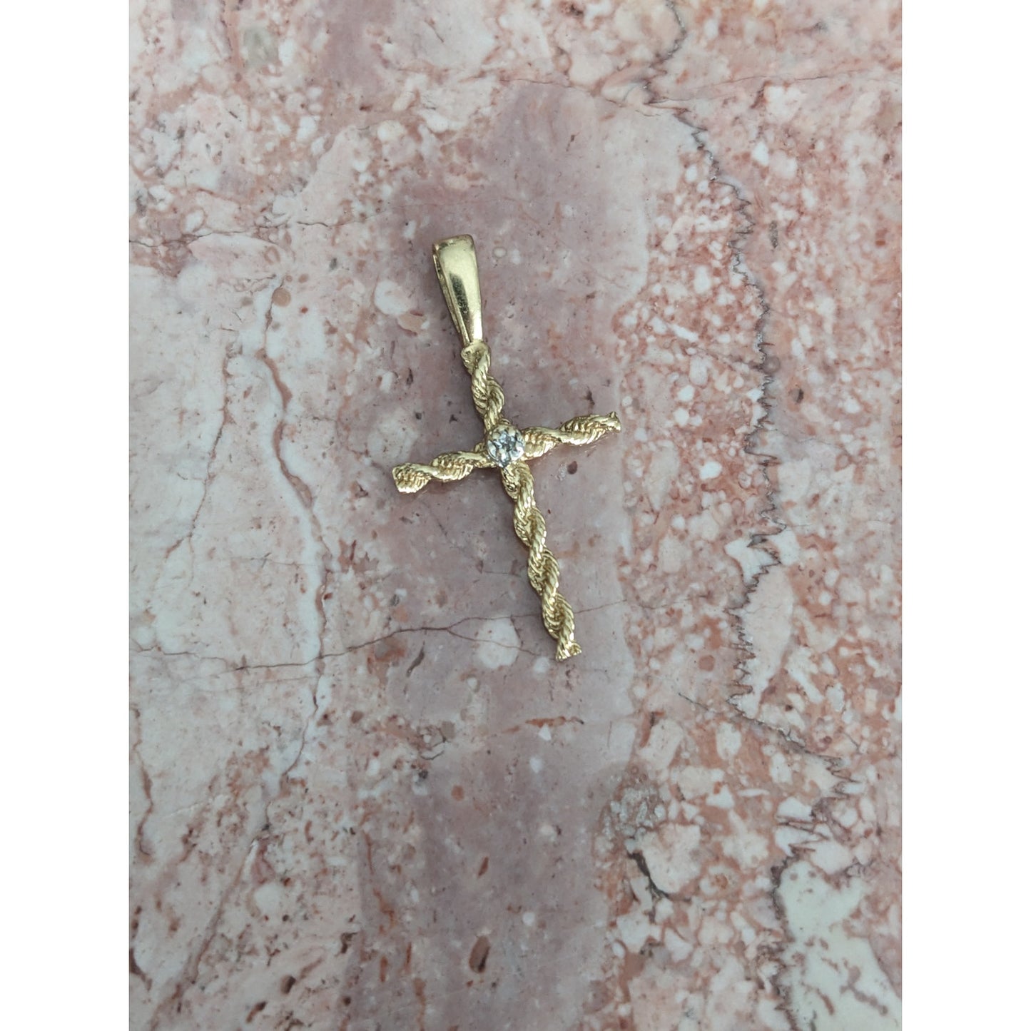 Vintage 14k Yellow Gold Twisted Rope Cross Pendant with Diamond Accent Stone