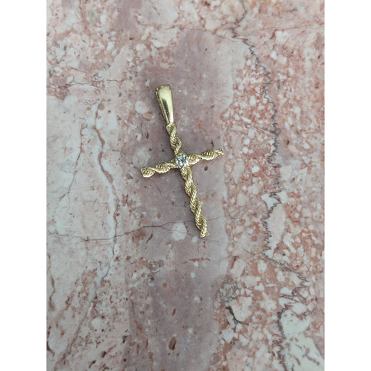 Vintage 14k Yellow Gold Twisted Rope Cross Pendant with Diamond Accent Stone