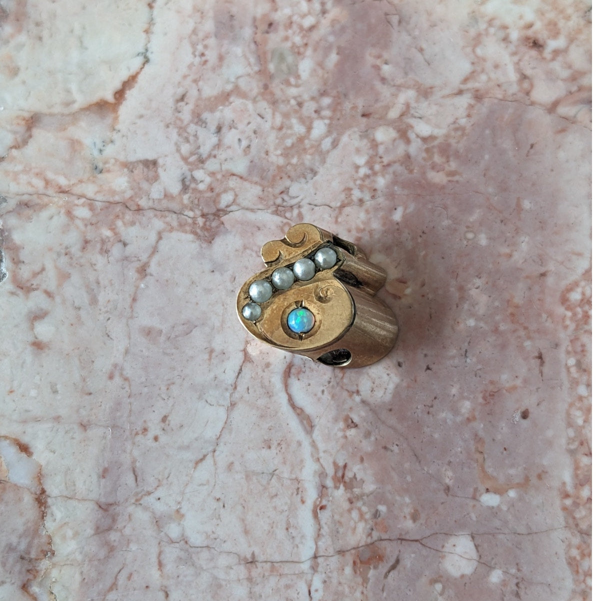Vintage Unmarked 10k Gold Slider Charm with Faux White Opal and Pearls
