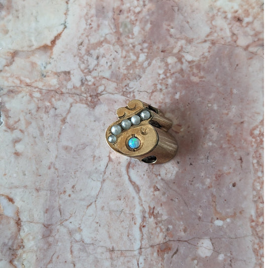 Vintage Unmarked 10k Gold Slider Charm with Faux White Opal and Pearls