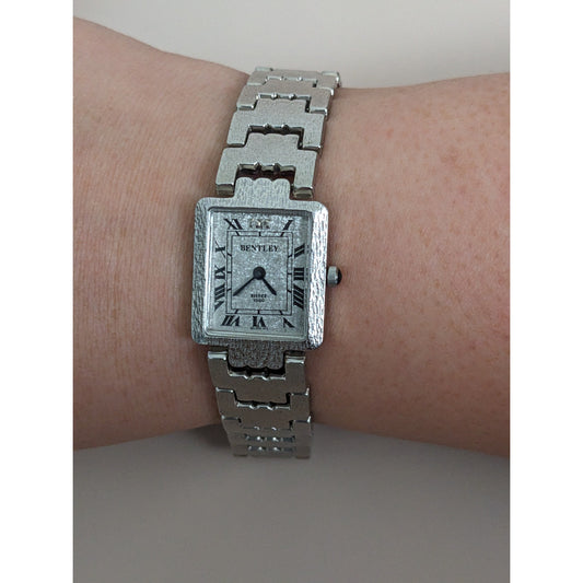 Vintage Andre Mouche Silver Tone Bangle Watch with Blue Floral Enamel Working