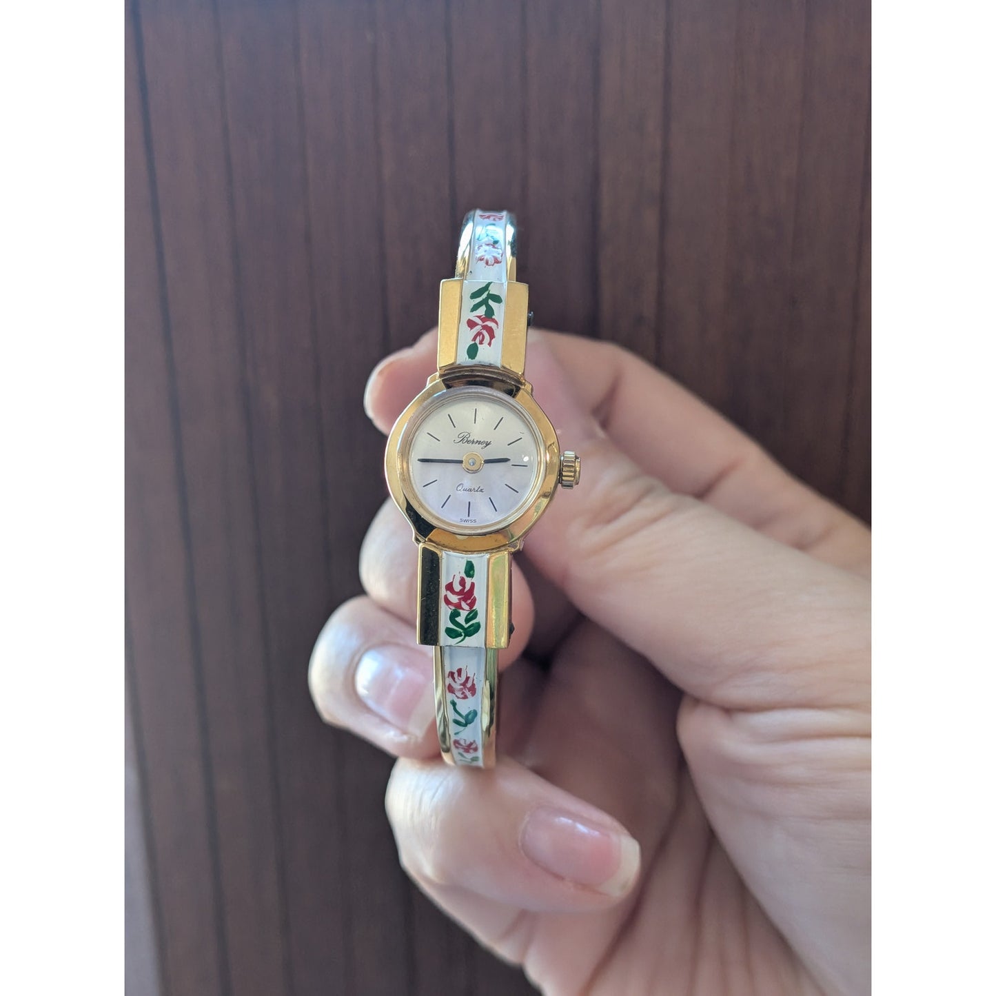 Vintage Berney Gold Tone Watch White Enamel with Red Flowers