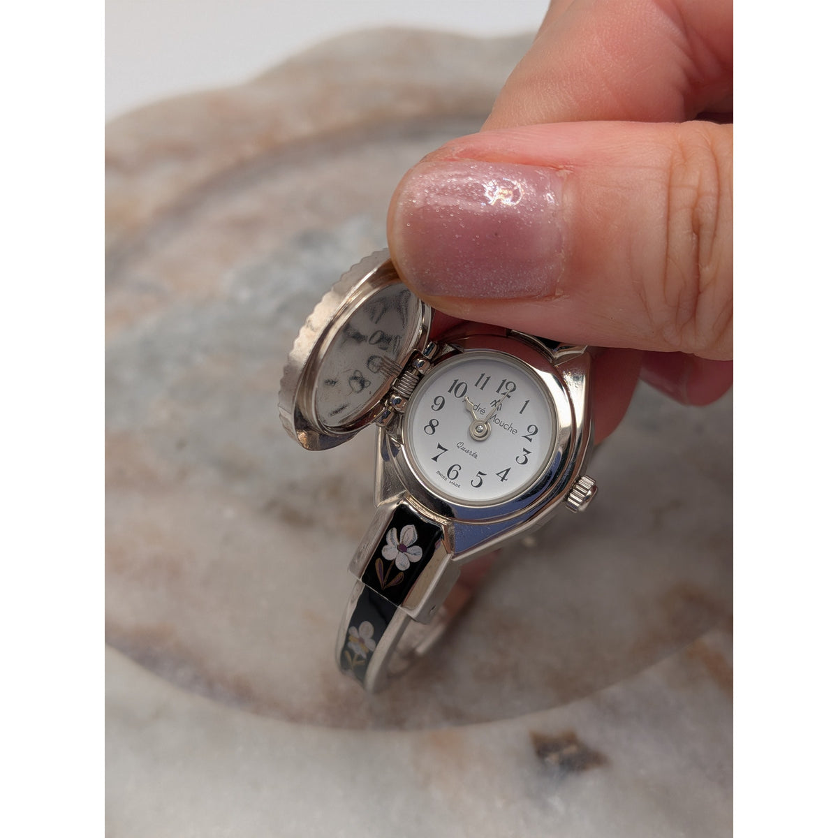 Vintage Andre Mouche Silver Tone Peekaboo Watch Black Enamel Purple Flower