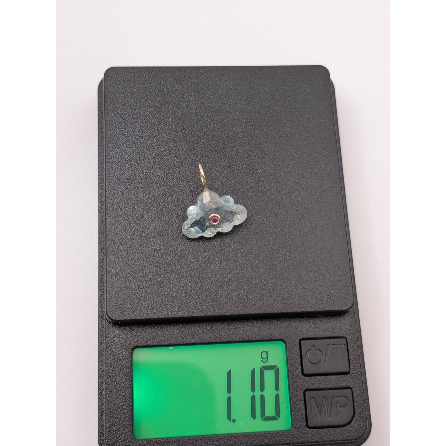 14K Gold Blue Topaz Cloud Pendant Natural Ruby Inlay Carved Gemstone