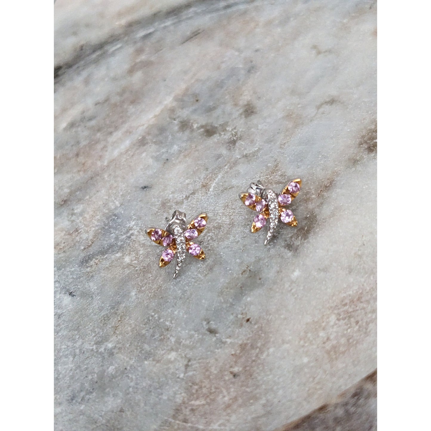 Estate 14k Gold Pink Sapphires and Diamond Dragonfly Stud Earrings