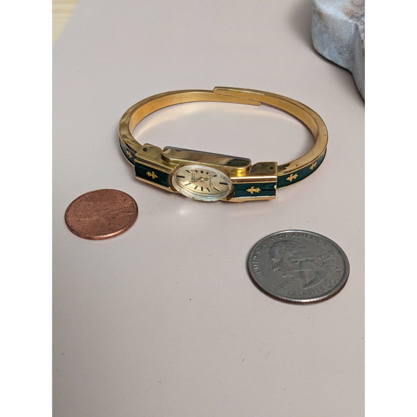 Vintage Andre Mouche Silver Tone Bangle Watch with Blue Floral Enamel Working