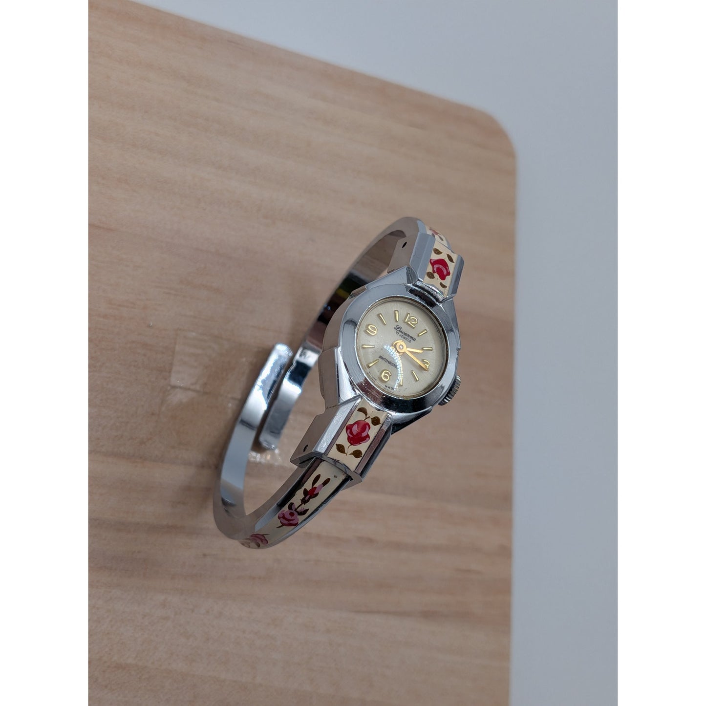 Vintage Lucerne Silver Tone Bangle Watch White Enamel Red Flowers