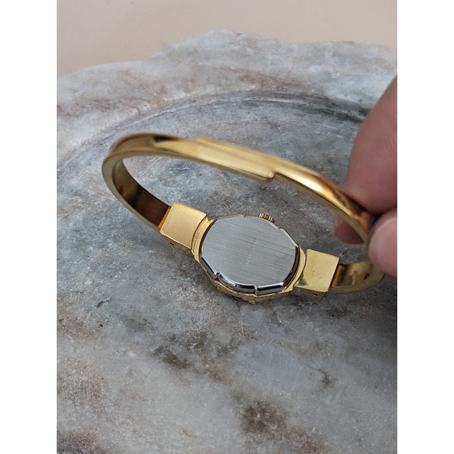 Vintage Andre Mouche Silver Tone Bangle Watch with Blue Floral Enamel Working