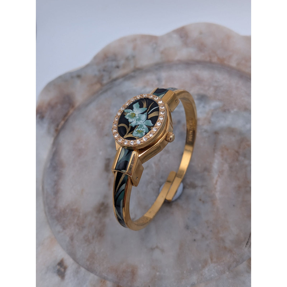FLAW Vintage Andre Mouche Gold Tone Peekaboo Watch Green Orchid Theme