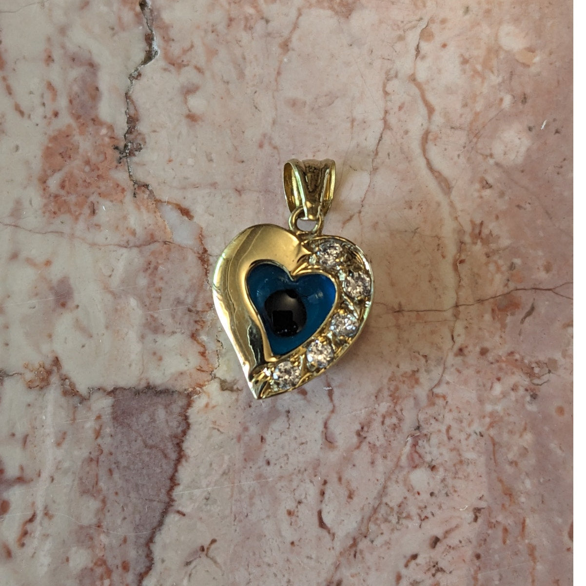 Vintage 14k Yellow Gold Heart Charm with Evil Eye and White Stone Accents