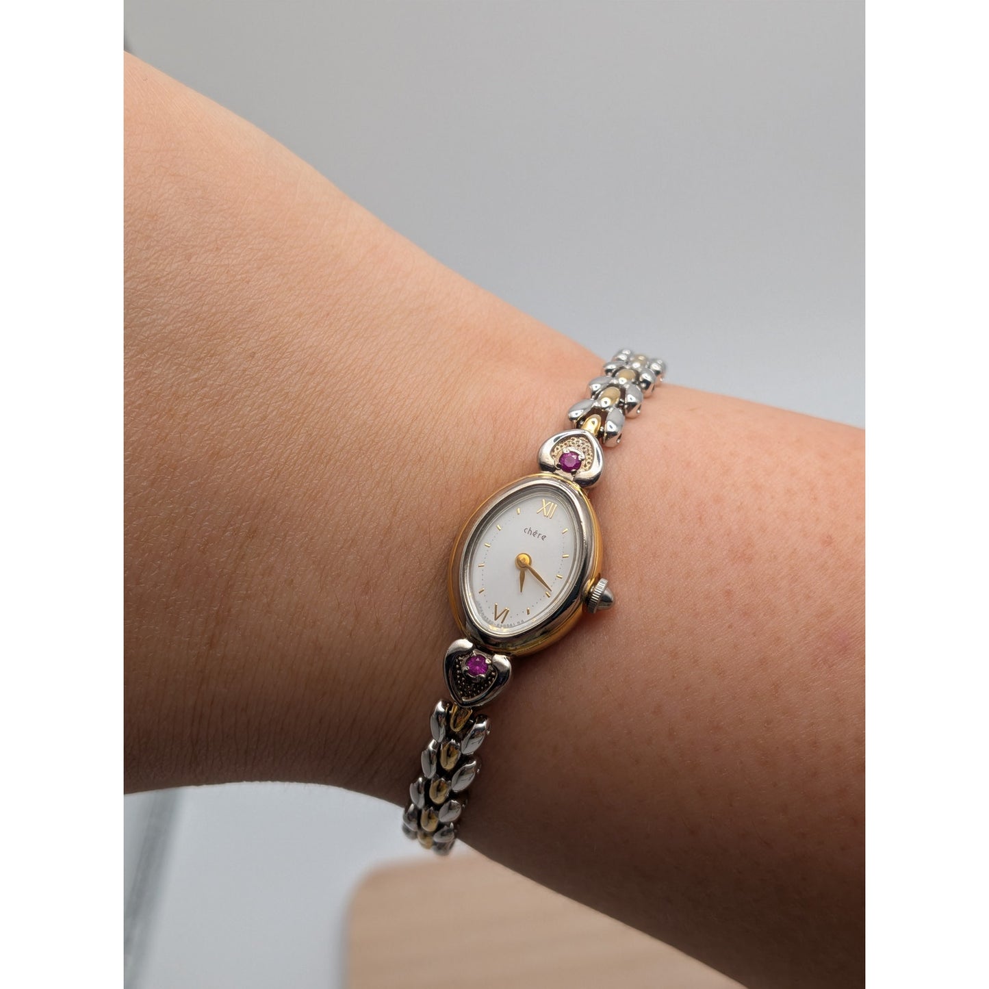 Vintage Citizen Chere Dainty Two Tone Bracelet Watch with Pink Stones
