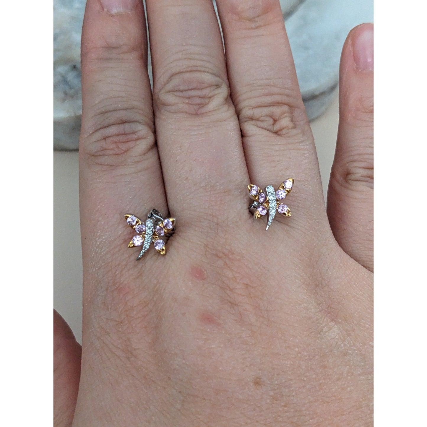 Estate 14k Gold Pink Sapphires and Diamond Dragonfly Stud Earrings