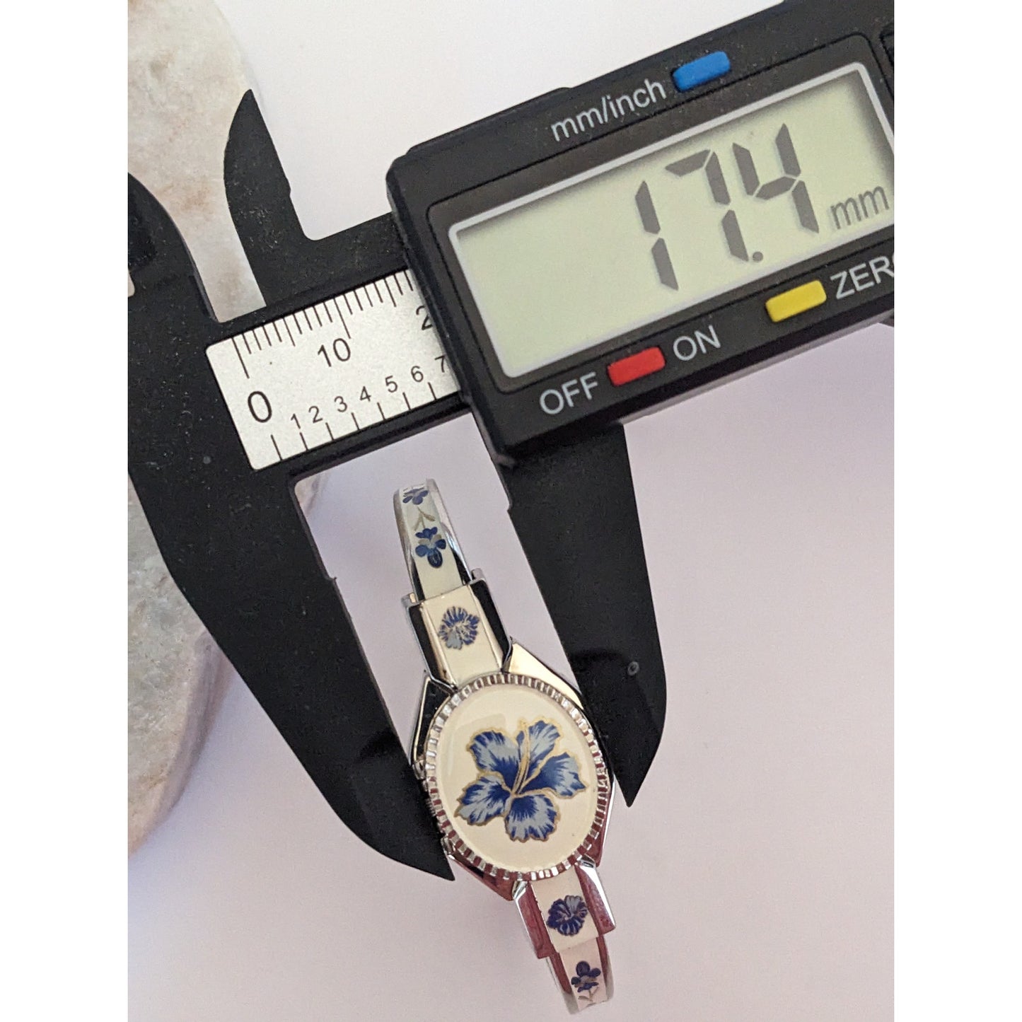 Vintage Andre Mouche Silver Tone Bangle Watch White Enamel Blue Flowers