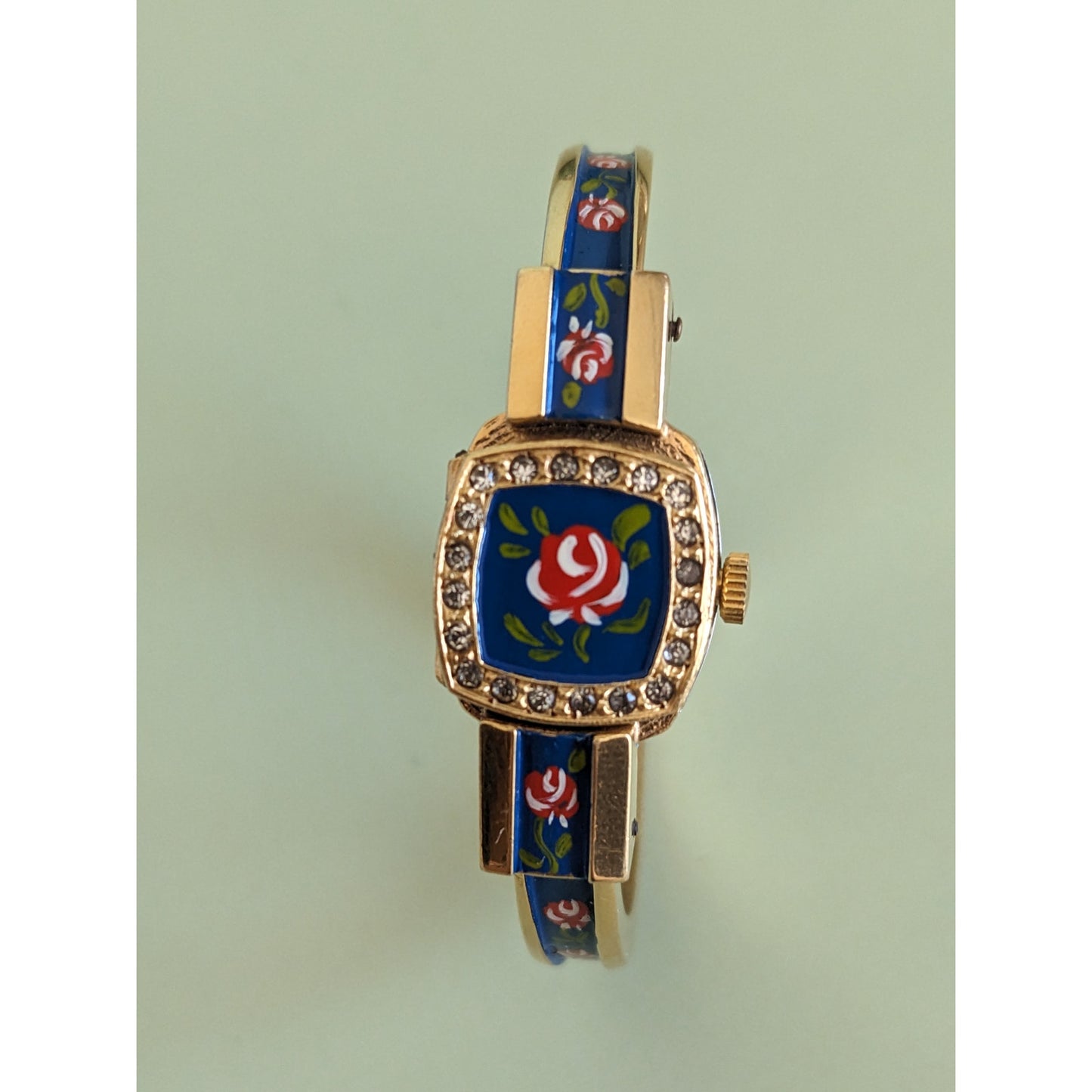Vintage Chandler Gold Tone Metal with Blue Enamel Floral Watch