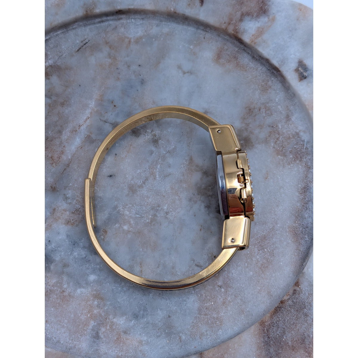 Vintage Andre Mouche Gold Tone Peekaboo Watch Blue Enamel White Flowers in Box