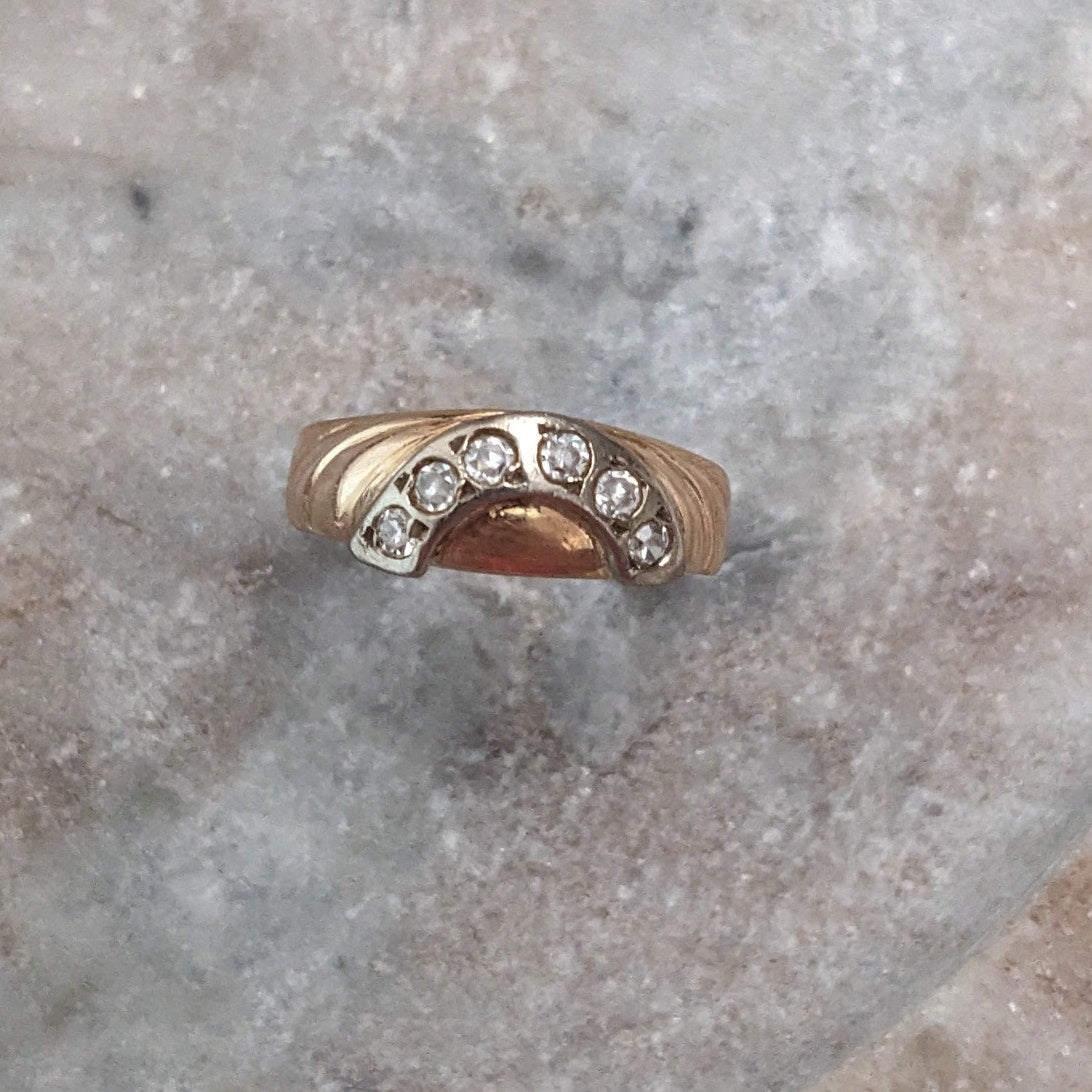 Vintage 1990s 14k Gold Half Circle White Stone Accents Ring Size 6.75