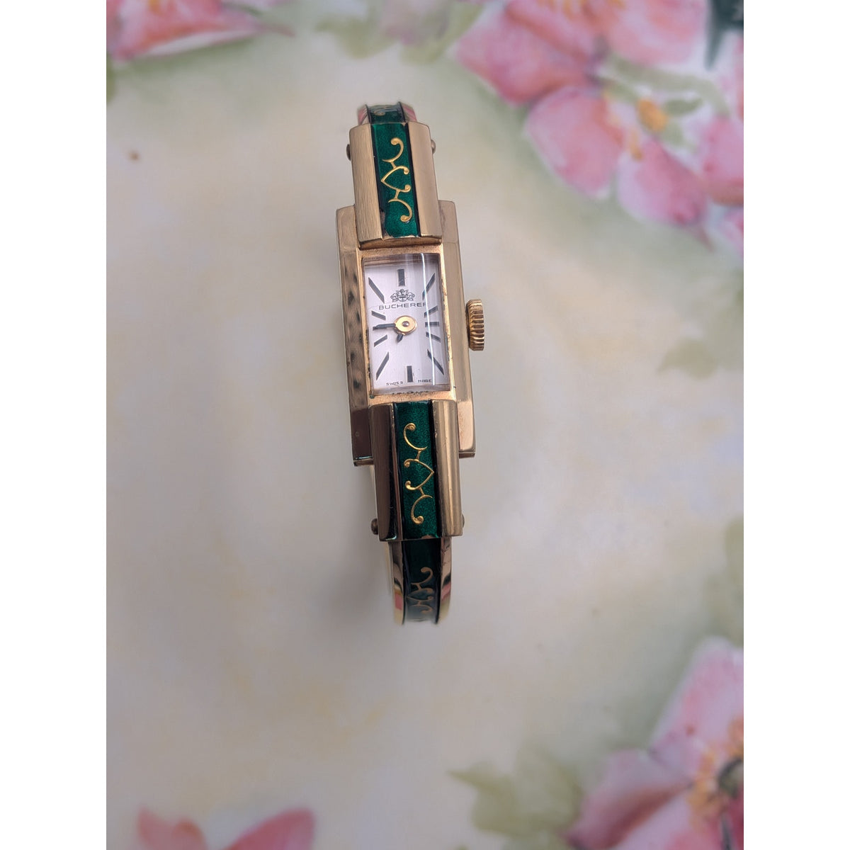 FLAW Vintage Bucherer Gold Tone Bangle Watch Green Enamel Gold Pattern Accent