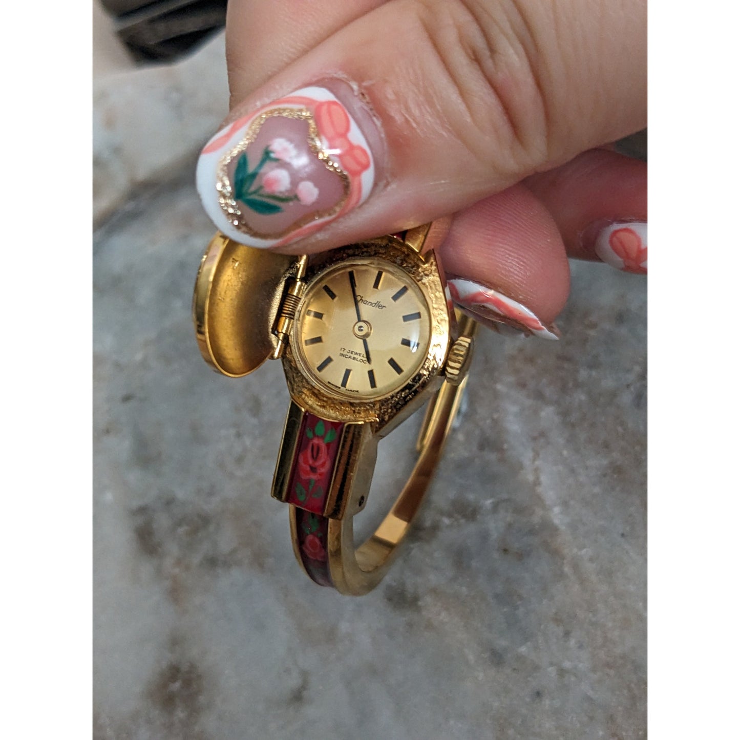 Vintage Andre Mouche Silver Tone Bangle Watch with Blue Floral Enamel Working