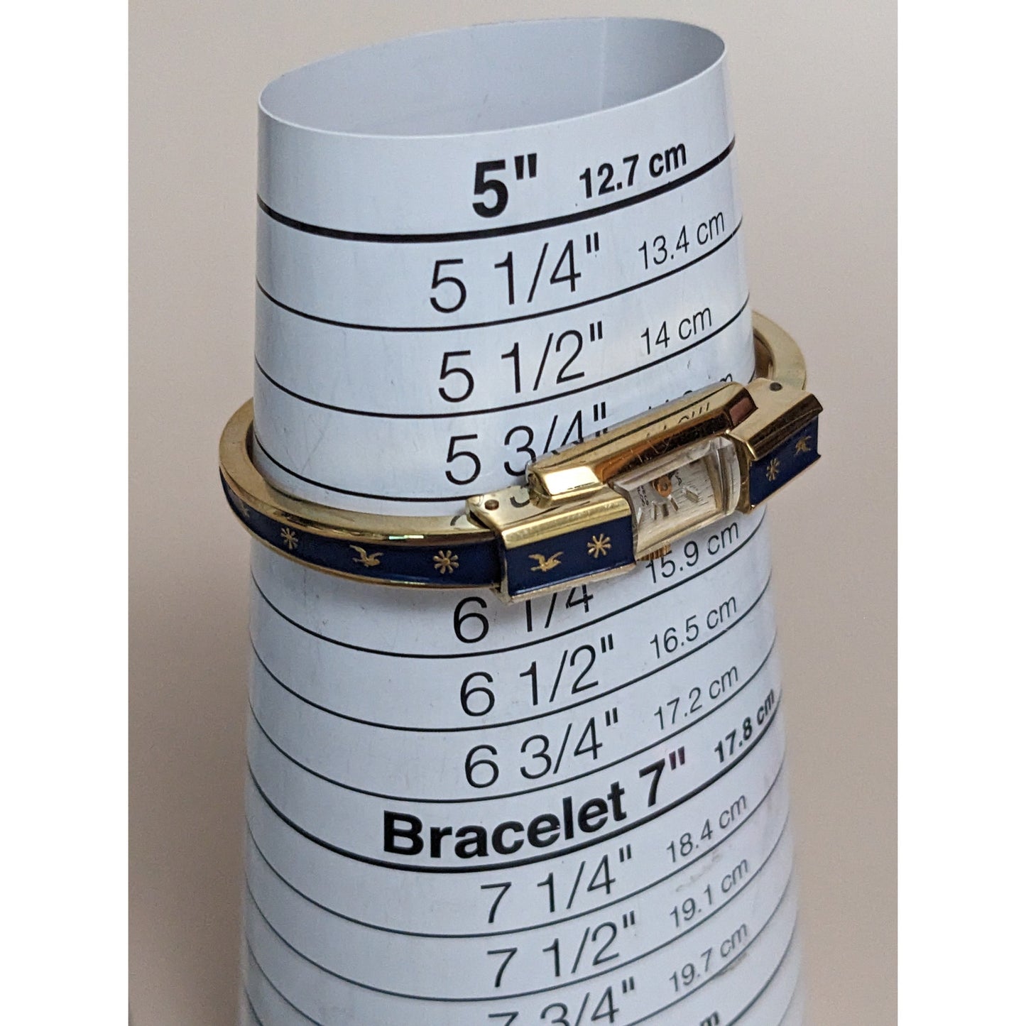 Vintage Andre Mouche Silver Tone Bangle Watch with Blue Floral Enamel Working