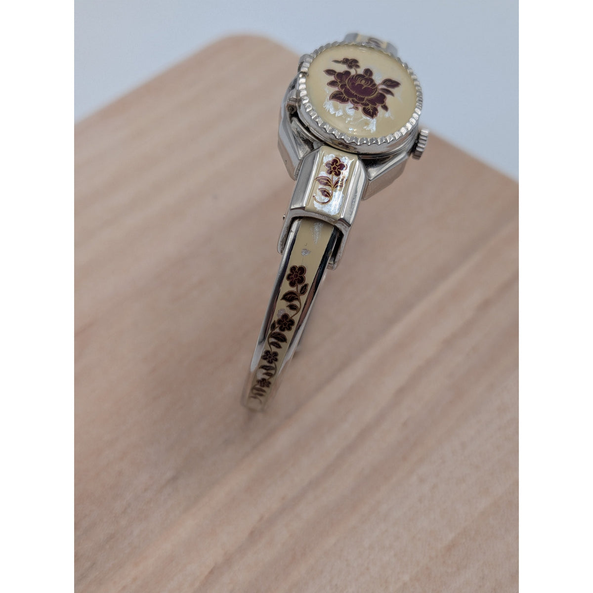 Vintage Andre Mouche Silver Tone Peekaboo Watch Cream Enamel Red Flowers w/ Box
