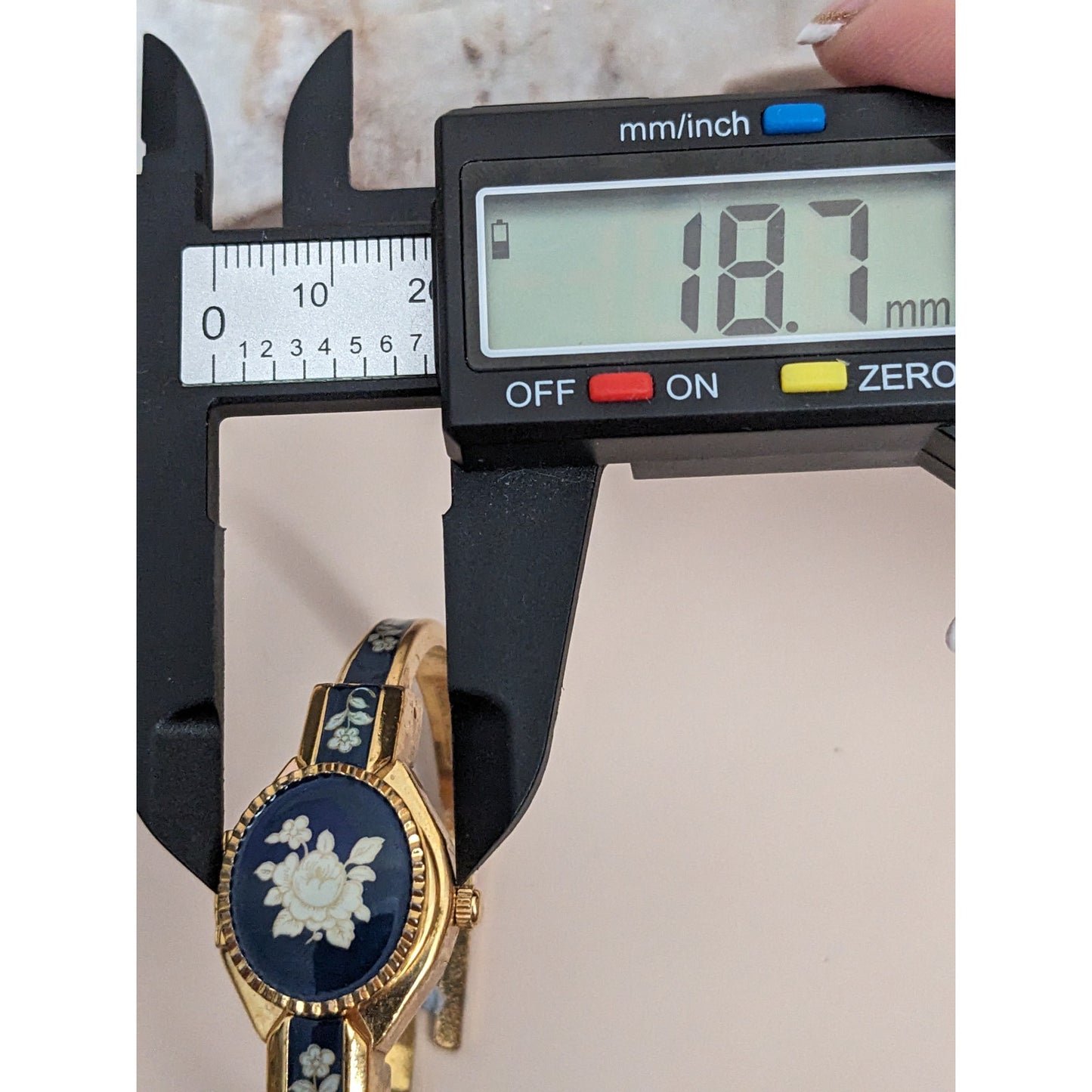 Vintage Andre Mouche Gold Tone Bangle Watch with Deep Blue Floral Enamel Working