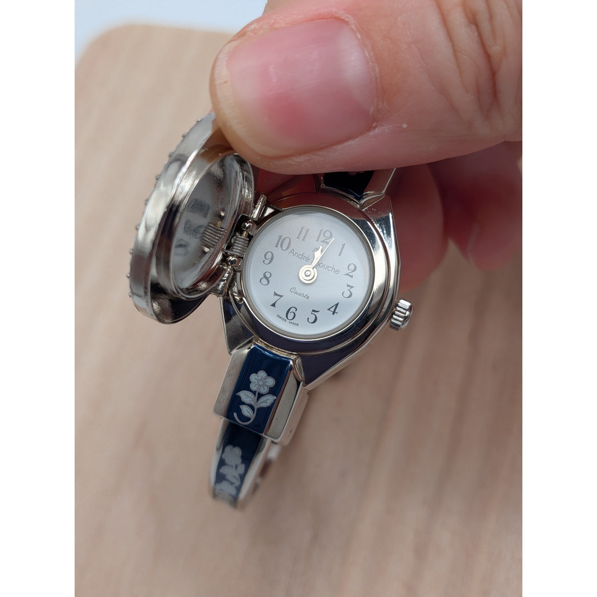Vintage Andre Mouche Silver Tone Peekaboo Watch Blue Enamel White Flowers w/Box